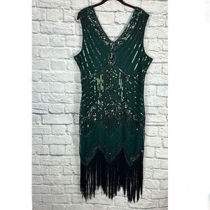 Metme Gorgeous Green Beaded & Sequin & Fringe
Bodycon Swing Flapper Dress 3XL